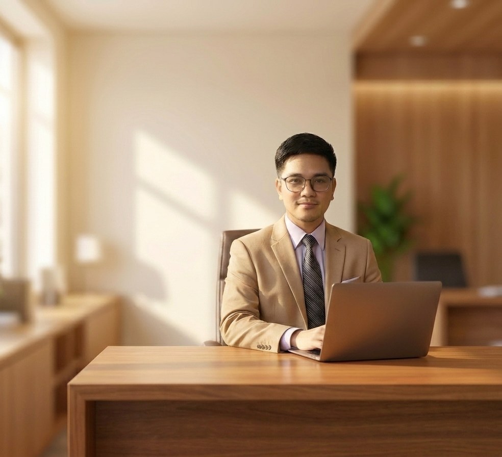Arthur Jay Salvador, CPA, at a desk in a sunlit office.