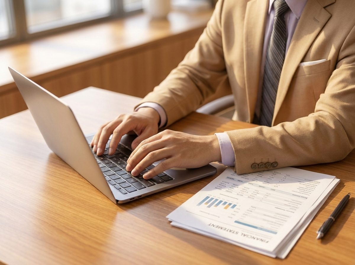 Hands typing on a laptop at a wooden desk, beside printed financial statements and a pen.