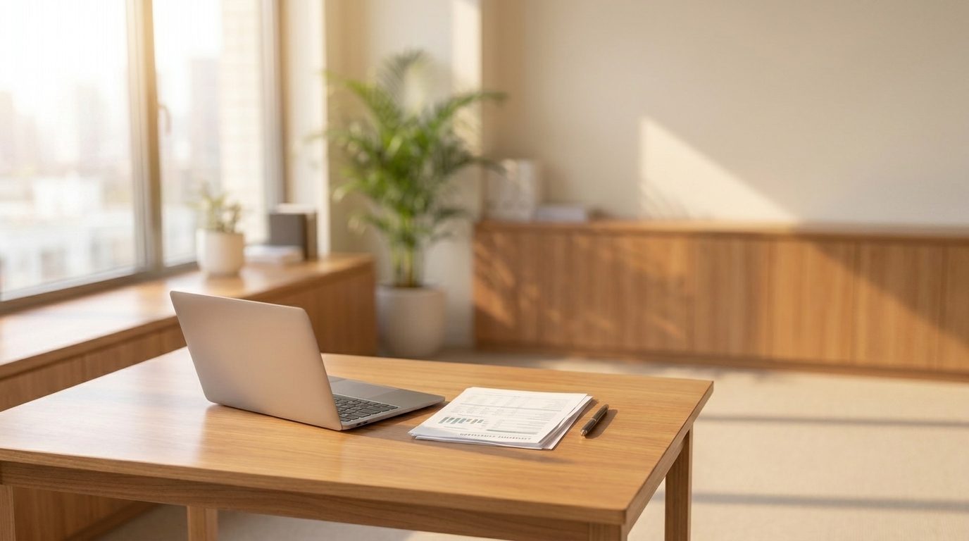 A sunlit office desk with an open laptop, printed financial statements and a pen, a palm and a low wooden credenza behind.